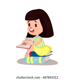 Sweet brunette girl reading a book sitting on a pile of books, education and knowledge concept, colorful character vector Illustration