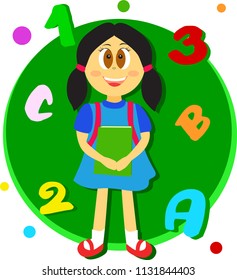 Sweet brunette girl with school backpack and books. Back to school. Flying abc and 123 on yellow background