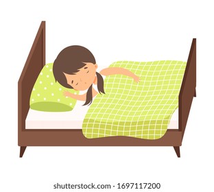 Sweet Brunette Little Girl Sleeping Sweetly in Her Bed under Blanket Vector Illustration