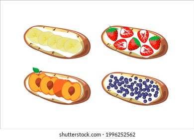 Sweet bruschetta with banana, peach, strawberry, blueberry, cream cheese. sandwich set. Tasty breakfast toast. Healthy food concept