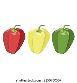 Sweet Bulgarian pepper, a set of three peppers-red, yellow, green on a white background.Vector illustration.It can be used in textiles, menus, labels.