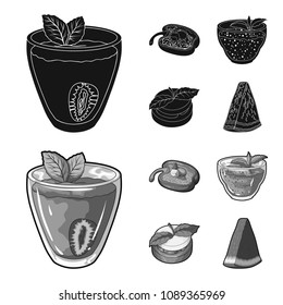 Sweet Bulgarian pepper, vitamin drink, jam with raspberry and mint leaves, a piece of watermelon. Vegetarian dishes set collection icons in black,monochrom style vector symbol stock illustration web.