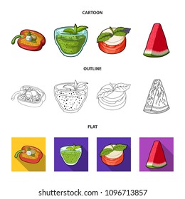 Sweet Bulgarian pepper, vitamin drink, jam with raspberry and mint leaves, a piece of watermelon. Vegetarian dishes set collection icons in cartoon,outline,flat style vector symbol stock illustration