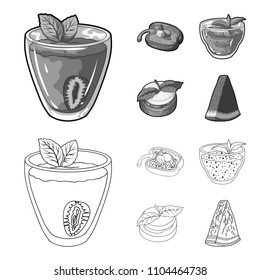 Sweet Bulgarian pepper, vitamin drink, jam with raspberry and mint leaves, a piece of watermelon. Vegetarian dishes set collection icons in outline,monochrome style vector symbol stock illustration