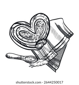 Sweet bun, cheesecake on a tablecloth and with a teaspoon. The process of baking. All objects are hand-drawn in vector. For printing on menus, in the interior of confectioneries, bakeries.