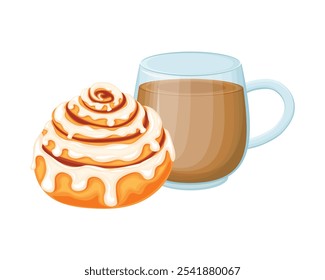 Um pão doce e uma xícara de cacau. Café com um muffin. Delicioso café da manhã com cacau e sobremesa doce. Doces doces com chá em estilo cartoon. Ilustração vetorial em um fundo branco.