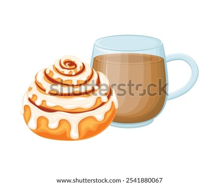 A sweet bun and a cup of cocoa. Coffee with a muffin. Delicious breakfast with cocoa and sweet dessert. Sweet pastries with tea in cartoon style. Vector illustration on a white background.
