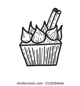 Sweet bun in doodle style vector. Sweetness in black and white line hand drawn
