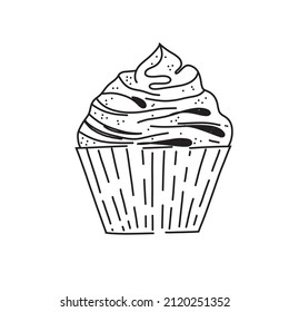 Sweet bun in doodle style vector. Cupcake in black and white line hand drawn.
