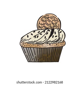 Sweet bun in doodle style vector. Cupcake in black and white line hand drawn.
