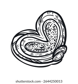 Bolinho doce, massa em forma de coração desenhada à mão com tinta. A ilustração vetorial é adequada para impressão em tecido, papel, para o design de confeitarias e padarias e para o design de embalagens de produtos.
