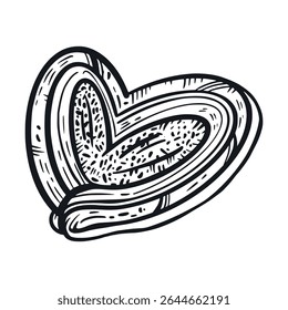 Bolinho doce, massa em forma de coração desenhada à mão com tinta. A ilustração vetorial é adequada para impressão em tecido, papel, para o design de confeitarias e padarias e para o design de embalagens de produtos.