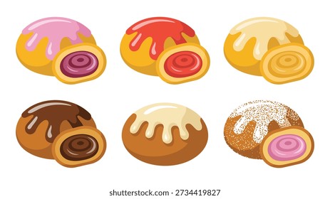 Süßbun-Symbole, Vektorsatz mit frostigen Rollen, Zimtglasur, Schokoladenwirbel, Zuckerstaub, Gebäcksorte, Bäckerei-Illustration für die Markenbildung
