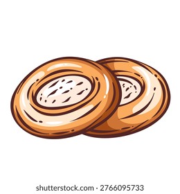 Sweet bun pastry with soft baked dough and visible filling center, round bakery product dessert symbol in modern retro outline style vector illustration