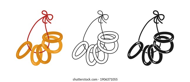 Sweet bunch of bagels icon, bread line and black glyph, cartoon sign set. Hand drawn fresh round Russian traditional bakery flat food design. Infographic, packaging label, vector food app, website