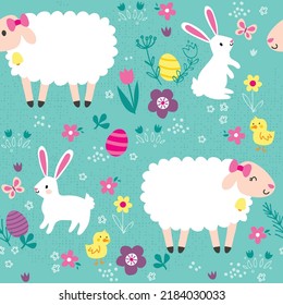 Sweet bunnies, chicks, and lamb characters wishing each other a happy Easter. This cute vector pattern repeats seamlessly.