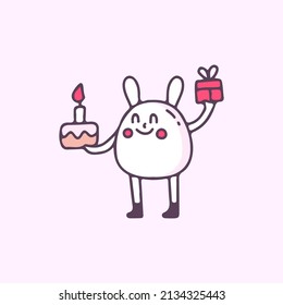 Sweet bunny with birthday cake and gift boxes, illustration for t-shirt, street wear, sticker, or apparel merchandise. With doodle, retro, and cartoon style.