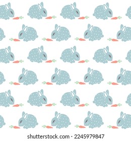 Conejo dulce con zanahoria. Patrón de Semana Santa sin costuras, conejo de puntos polka azul. Textura repetitiva para niño, niña, tela, tela, textil. Fondo de colores suaves. Antecedentes de la guardería, cumpleaños