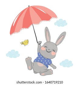 Sweet bunny flying with little bird, vector illustration, birthday cards, fashion artworks, children graphics, t shirt prints.