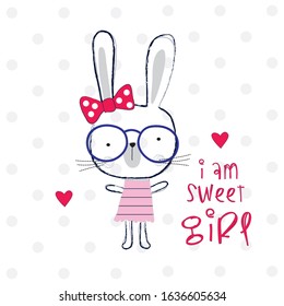 sweet bunny girl with glasses on polka dots background vector illustration, T-shirt graphics design for girls