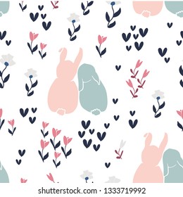 Sweet bunny rabbits seamless pattern with cute animal and simple hand drawn flowers. Baby or kids product design, fabric, wallpaper, clothing. Floral and animal repeated pattern