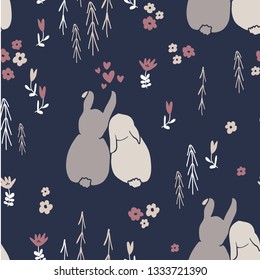 Sweet bunny rabbits seamless pattern with cute animal and simple hand drawn flowers. Baby or kids product design, fabric, wallpaper, clothing. Floral and animal repeated pattern