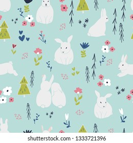 Sweet bunny rabbits seamless pattern with cute animal and simple hand drawn flowers. Baby or kids product design, fabric, wallpaper, clothing. Floral and animal repeated pattern