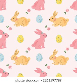 Sweet bunny rabbits seamless pattern with cute animal and Easter eggs. Pattern for gift wrapping paper, textile, cover, product packaging, advertising banner, greeting cards. Happy Easter collection.