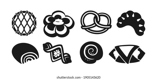 Sweet funs schwarze Glyphe Icon Set. Design Menü Bäckerei Symbol, Konfitüre, Bun. Backwaren und Weidenbrust, Bagel, Croissant Gebäck, Rollen. Stilvolles Silhouettensymbol - moderne Vektorgrafik