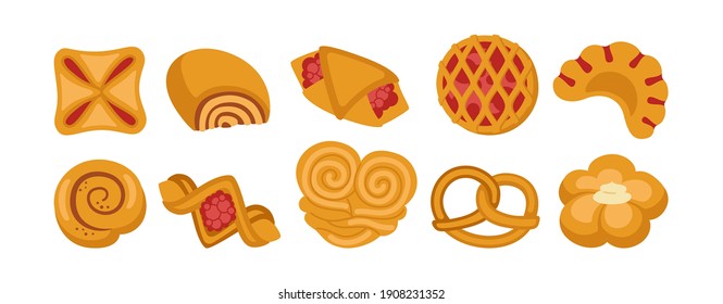 Sweet buns cartoon icon set. Design menu bakery symbol, jam puff, bun. Bakery goods and wicker pretzel, bagel, croissant pastry, roll. Stylish icon modern vector illustration