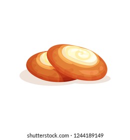 Sweet buns with cheese, cheesecakes, bakery pastry product vector Illustration on a white background