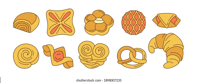 Sweet buns doodle cartoon icon set. Line design menu bakery symbol, jam puff, bun. Bakery goods and wicker pretzel, bagel, croissant pastry, roll. Stylish icon modern vector illustration