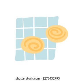 Sweet buns on a blue napkin hand drawing vector illustration isolated on white background