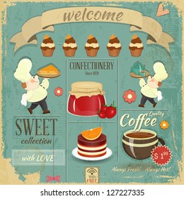 Sweet Cafe Menu Card in Retro style - Cooks brought  Dessert and Pastry on Grunge Blue Background - Vector illustration