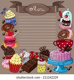 Sweet cafe menu. Hand drawn vector illustration.