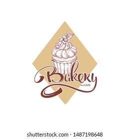 Sweet cake bakery and cafe, vector sketching illustration and lettering composition