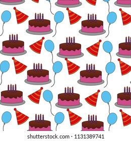 sweet cake with balloons helium and hat party pattern