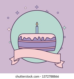 sweet cake of birthday in frame circular with ribbon