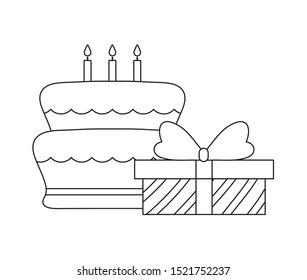 sweet cake of birthday with gift box vector illustration design