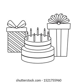 süßer Geburtstagskuchen mit Geschenkbox, die Vektorillustration illustriert
