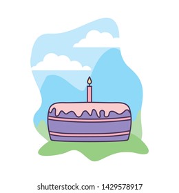 sweet cake of birthday in landscape