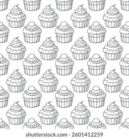 Sweet cake black and white. Seamless vector pattern for fabric design, wallpapper, wrapping.