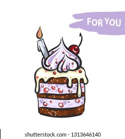 Sweet Cake With Candle. Hand Drawn Vector Illustration