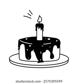 Sweet cake with a candle, party cake hand drawn icon