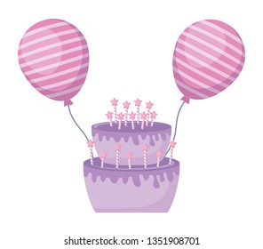 sweet cake with candles and balloons helium