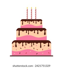 Sweet cake with candles. Birthday chocolate cake with three candles isolated on white background. Sweet dessert for childish holiday and kids anniversary party. Colored flat vector illustration