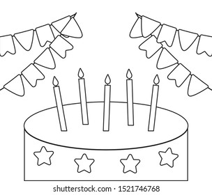 sweet cake with candles and garlands hanging vector illustration design