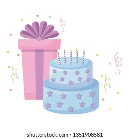 sweet cake with candles and gift box