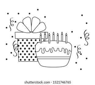 sweet cake with candles and gift box vector illustration design