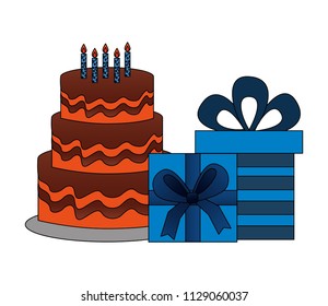 sweet cake with candles and gifts boxes icon